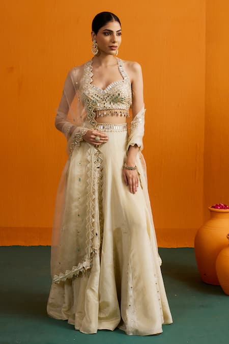 Bhawna Sethi Tara Mirrorwork Halter Blouse Lehenga Set 