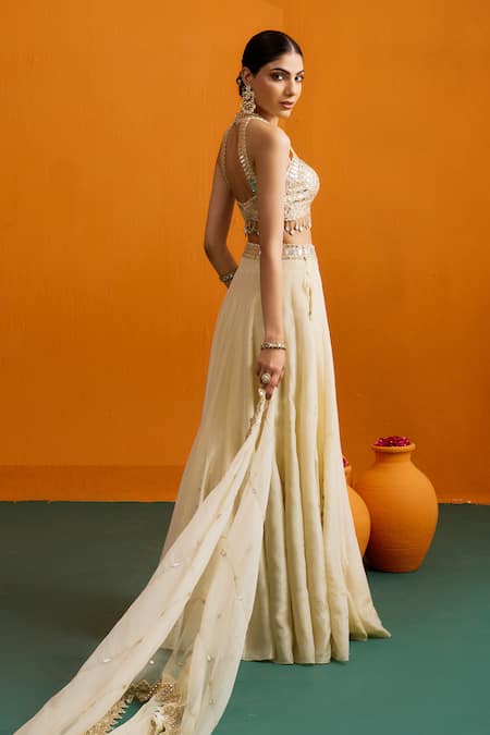 Bhawna Sethi_Ivory Silk, Crepe, Organza Mirrors, Tara Mirrorwork Blouse Lehenga Set _at_Aza_Fashions