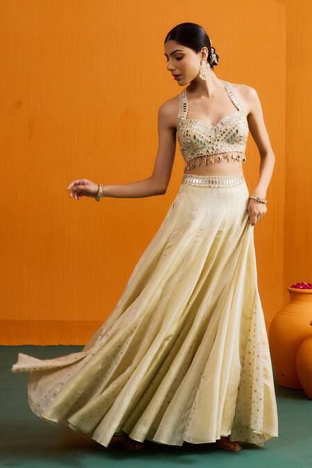 Buy_Bhawna Sethi_Ivory Silk, Crepe, Organza Mirrors, Tara Mirrorwork Blouse Lehenga Set 
