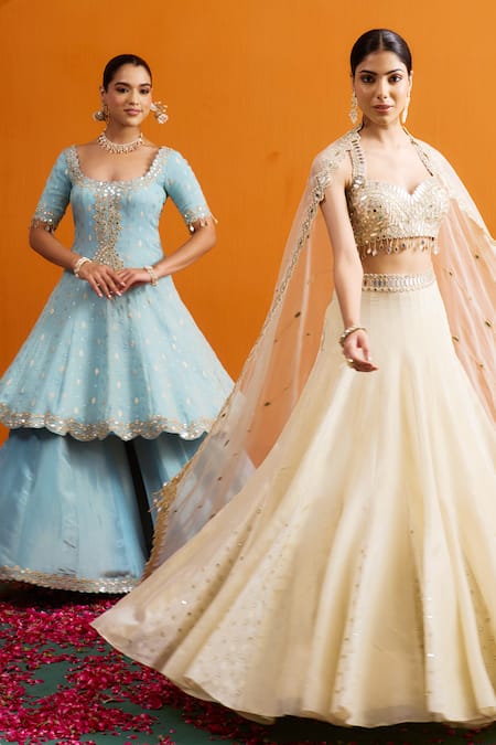 Shop_Bhawna Sethi_Ivory Silk, Crepe, Organza Mirrors, Tara Mirrorwork Blouse Lehenga Set 