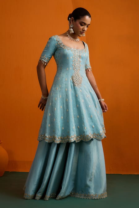 Bhawna Sethi_Blue Silk, Organza Mirrors, Embroidery, Tassels Naira Flared Kurta Sharara Set  _Online_at_Aza_Fashions