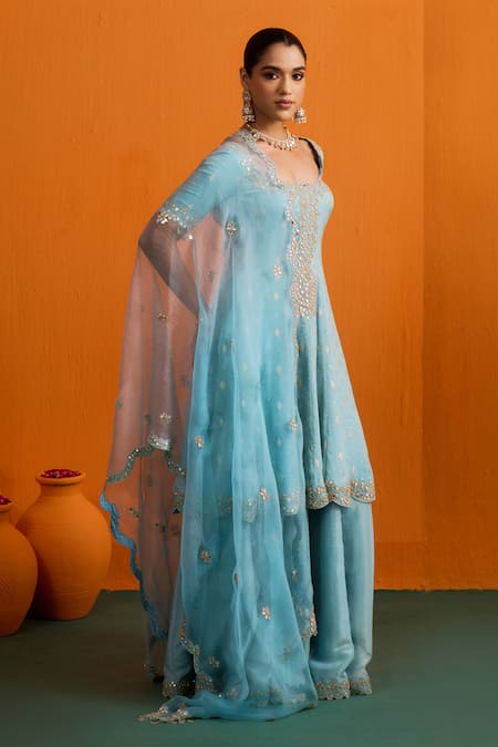 Shop_Bhawna Sethi_Blue Silk, Organza Mirrors, Embroidery, Tassels Naira Flared Kurta Sharara Set  _Online_at_Aza_Fashions