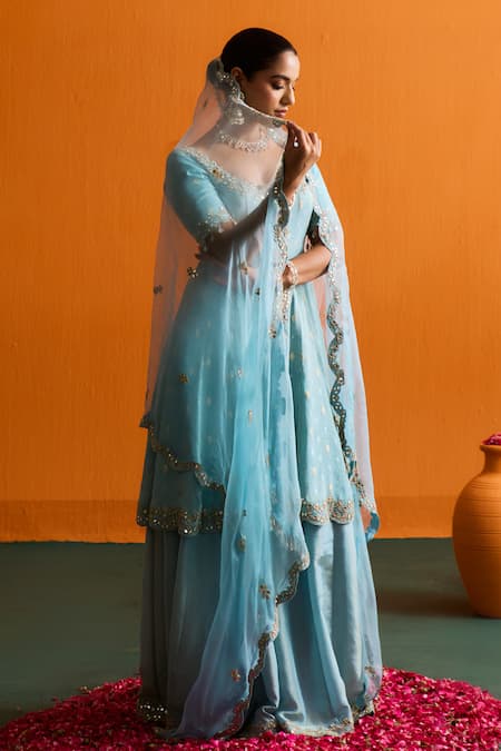 Buy_Bhawna Sethi_Blue Silk, Organza Mirrors, Embroidery, Tassels Naira Flared Kurta Sharara Set  
