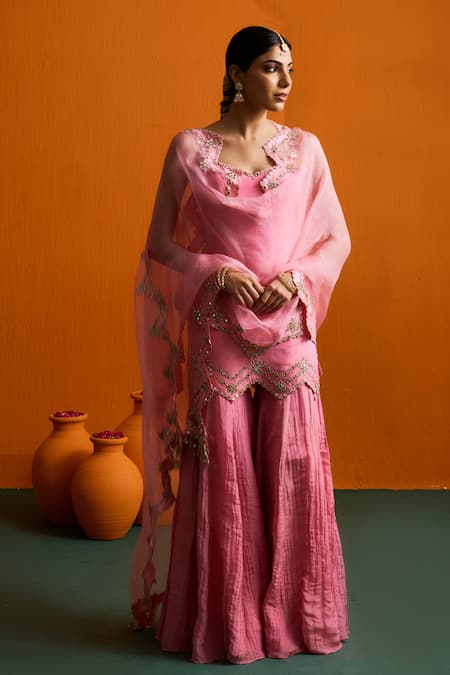 Buy_Bhawna Sethi_Pink Silk, Tissue, Organza Mirrors, Cut Work, Embroidery Nistya Kurta Set _Online_at_Aza_Fashions
