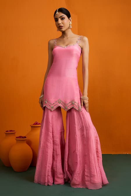 Shop_Bhawna Sethi_Pink Silk, Tissue, Organza Mirrors, Cut Work, Embroidery Nistya Kurta Set _Online_at_Aza_Fashions