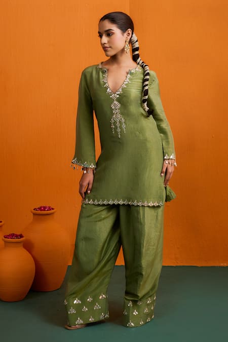 Buy_Bhawna Sethi_Green Silk, Tissue, Organza Mirrors, Tassels, Ditya Kurta With Farshi Salwar _Online_at_Aza_Fashions
