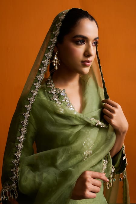 Shop_Bhawna Sethi_Green Silk, Tissue, Organza Mirrors, Tassels, Ditya Kurta With Farshi Salwar _Online_at_Aza_Fashions