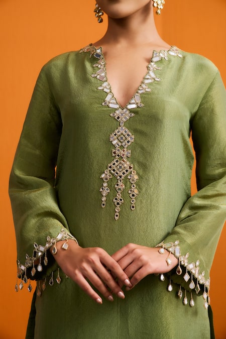 Bhawna Sethi_Green Silk, Tissue, Organza Mirrors, Tassels, Ditya Kurta With Farshi Salwar _at_Aza_Fashions