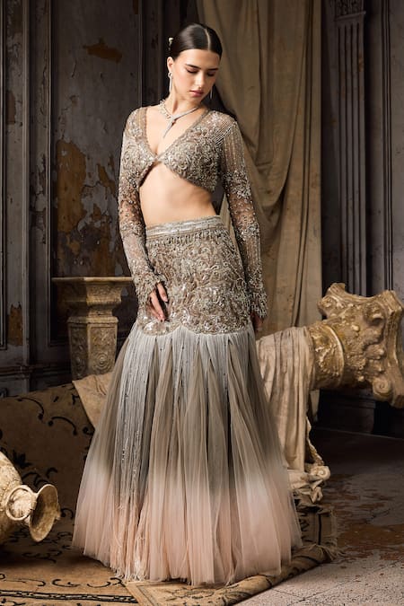 Rocky Star_Gray Net Beads, Sequins, Embroidery, Tassels Hand Ombre Tulle Lehenga Set _Online_at_Aza_Fashions