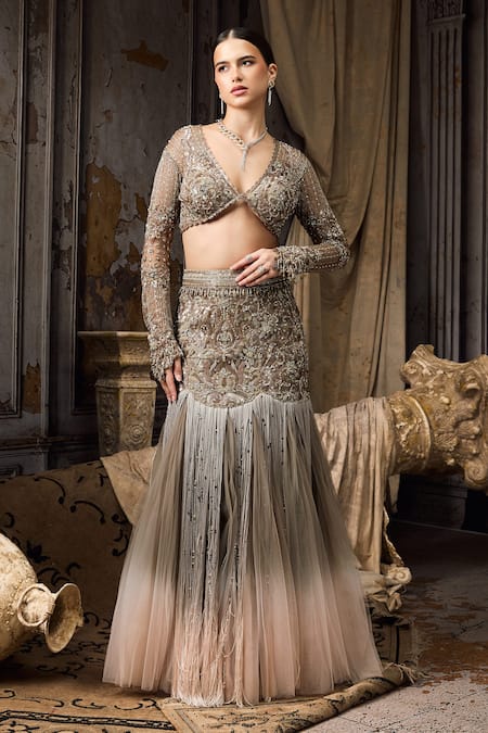 Rocky Star Hand Embroidered Ombre Tulle Lehenga Set 