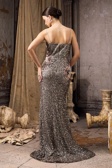 Rocky Star Sequined Floral Applique Gown 