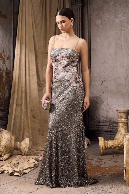Buy_Rocky Star_Gray Net Sequins, Applique Square Neck Floral Gown _Online_at_Aza_Fashions