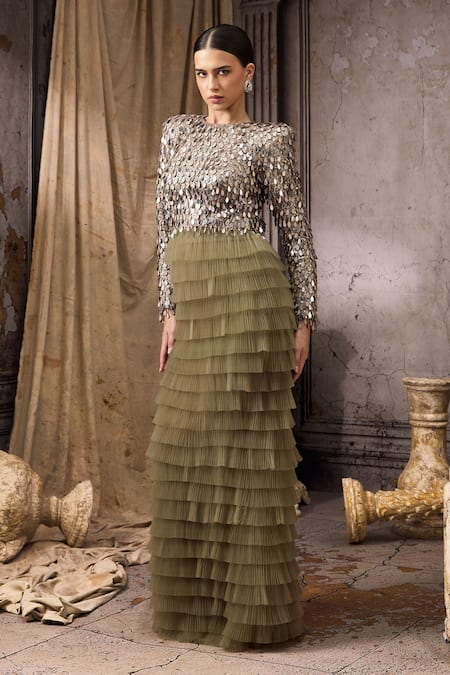 Rocky Star Green Net, Silk Sequins, Ruffles Round Sequin-embellished Tiered Tulle Gown Online at Aza Fashions Rocky Star_Green Net, Silk Sequins, Ruffles Round Sequin-embellished Tiered Tulle Gown _Online_at_Aza_Fashions