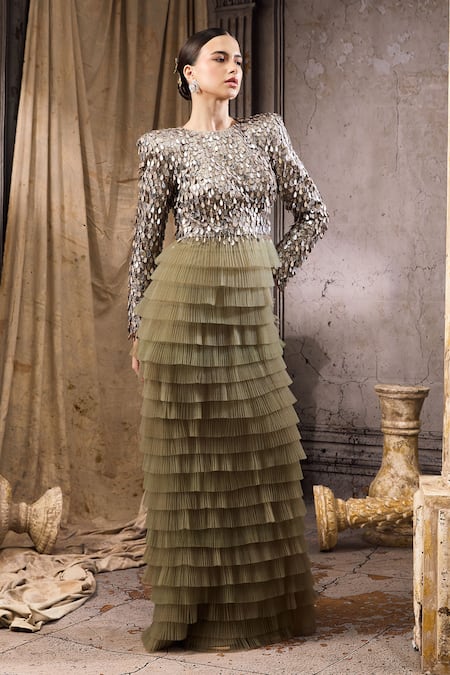 Buy Rocky Star Green Net, Silk Sequins, Ruffles Round Sequin-embellished Tiered Tulle Gown Online at Aza Fashions Buy_Rocky Star_Green Net, Silk Sequins, Ruffles Round Sequin-embellished Tiered Tulle Gown _Online_at_Aza_Fashions