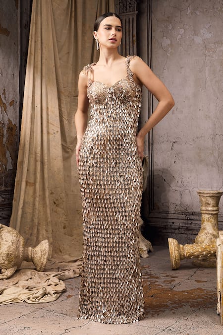 Rocky Star_Beige Net Tassels Sweetheart Neck Hand Embroidered Gown _at_Aza_Fashions
