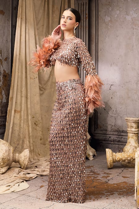 Buy_Rocky Star_Rose Gold Net Tassels, Feathers, Sequins Round Embellished Blouse And Skirt Set _Online_at_Aza_Fashions