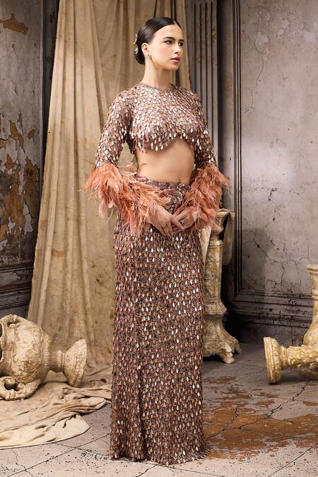 Shop_Rocky Star_Rose Gold Net Tassels, Feathers, Sequins Round Embellished Blouse And Skirt Set _Online_at_Aza_Fashions