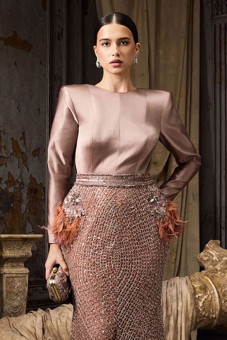Rocky Star_Pink Net, Silk Beads, Feathers Round Neck Satin And Hand Embroidered Gown _Online_at_Aza_Fashions