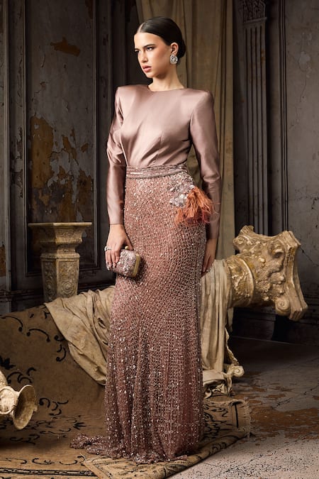 Buy_Rocky Star_Pink Net, Silk Beads, Feathers Round Neck Satin And Hand Embroidered Gown _Online_at_Aza_Fashions