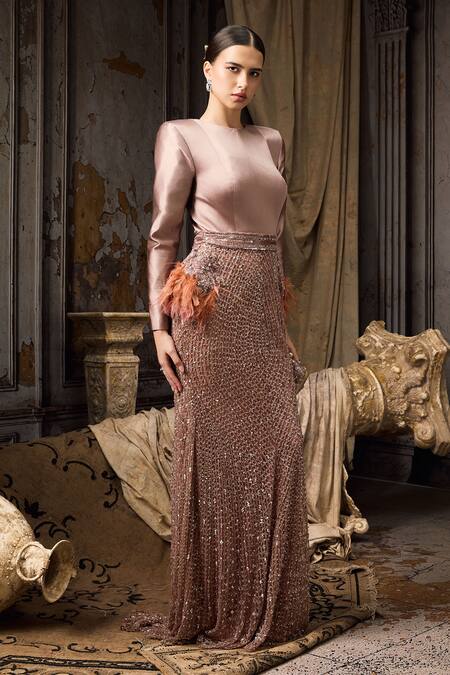 Rocky Star_Pink Net, Silk Beads, Feathers Round Neck Satin And Hand Embroidered Gown _at_Aza_Fashions