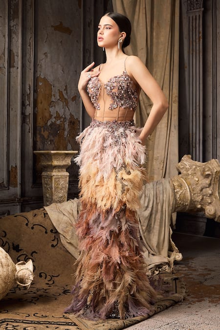 Rocky Star_Beige Net Sequins, Beads, Feathers Sweetheart Beadwork Corset With Work Lehenga _Online_at_Aza_Fashions