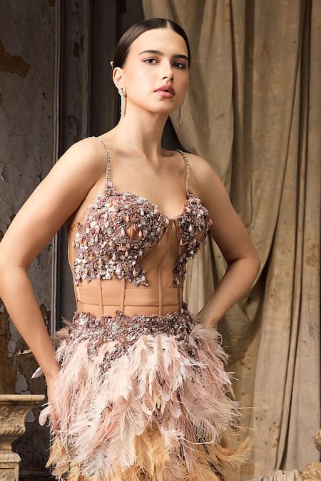 Buy_Rocky Star_Beige Net Sequins, Beads, Feathers Sweetheart Beadwork Corset With Work Lehenga _Online_at_Aza_Fashions