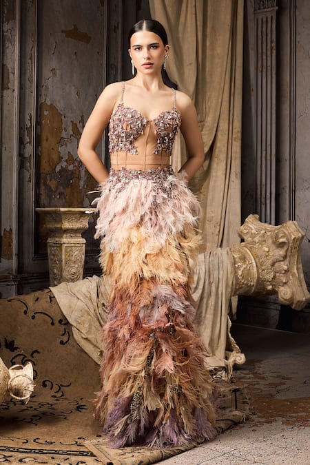 Rocky Star Beadwork Corset With Feather Work Lehenga 