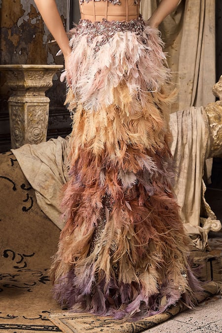 Shop_Rocky Star_Beige Net Sequins, Beads, Feathers Sweetheart Beadwork Corset With Work Lehenga _Online_at_Aza_Fashions