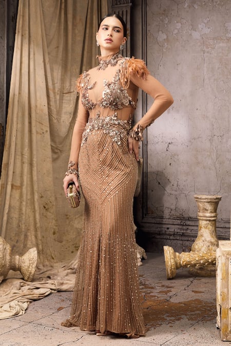 Rocky Star_Gold Net Beads, Sequins, Feathers High Neck Embellished Sheer Gown  _Online_at_Aza_Fashions