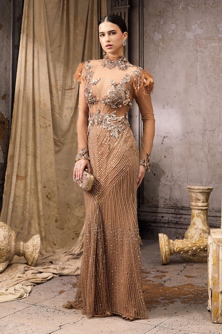 Buy_Rocky Star_Gold Net Beads, Sequins, Feathers High Neck Embellished Sheer Gown  _Online_at_Aza_Fashions