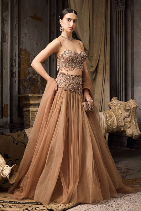 Rocky Star_Gold Net Beads, Sequins, Embroidery Embellished Blouse And Tulle Lehenga Set _Online_at_Aza_Fashions