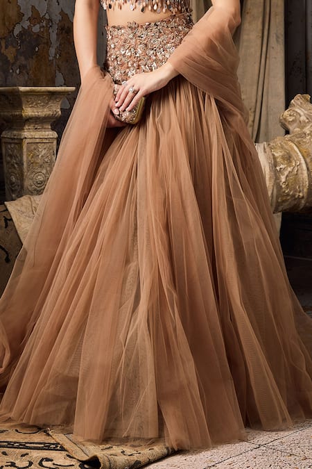 Buy_Rocky Star_Gold Net Beads, Sequins, Embroidery Embellished Blouse And Tulle Lehenga Set _Online_at_Aza_Fashions