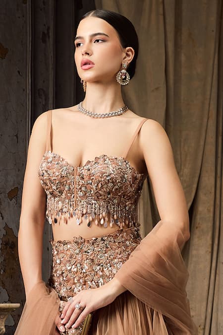 Shop_Rocky Star_Gold Net Beads, Sequins, Embroidery Embellished Blouse And Tulle Lehenga Set _Online_at_Aza_Fashions