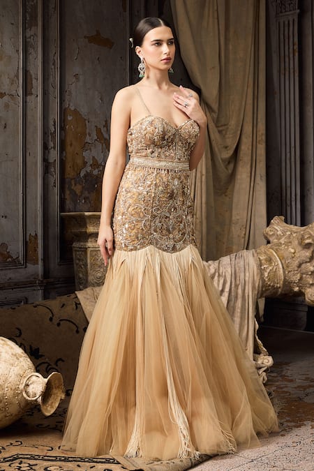 Buy_Rocky Star_Yellow Net Beads, Fringe, Sequins Sweetheart Neck Embellished Bodice Tulle Gown _Online_at_Aza_Fashions