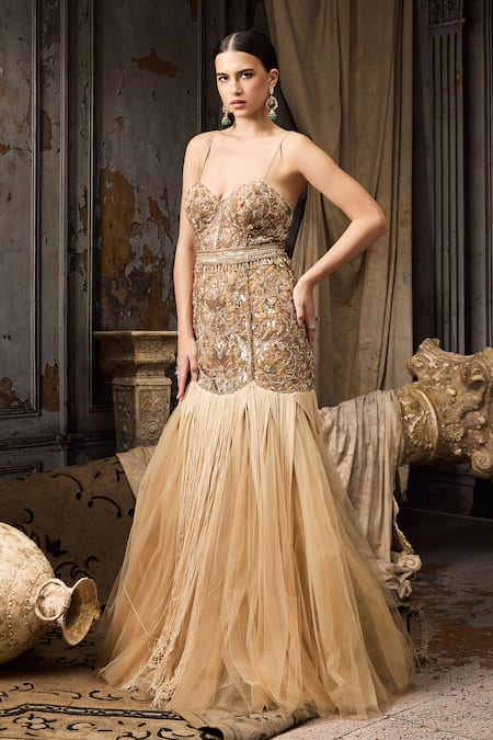 Shop_Rocky Star_Yellow Net Beads, Fringe, Sequins Sweetheart Neck Embellished Bodice Tulle Gown _Online_at_Aza_Fashions