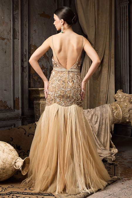 Rocky Star Embellished Bodice Fringe Tulle Gown 