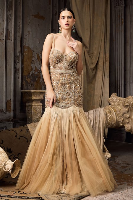 Rocky Star Embellished Bodice Fringe Tulle Gown 