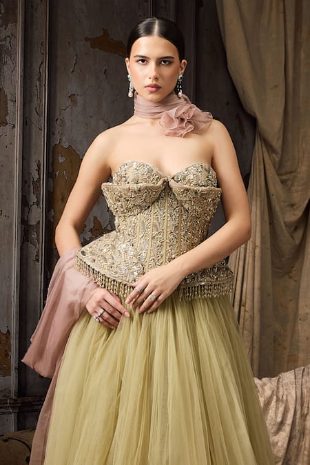 Rocky Star_Gold Silk, Net Beads, Embellished Corset Blouse And Ombre Tulle Lehenga Set _Online_at_Aza_Fashions