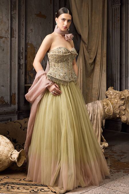 Shop_Rocky Star_Gold Silk, Net Beads, Embellished Corset Blouse And Ombre Tulle Lehenga Set _Online_at_Aza_Fashions