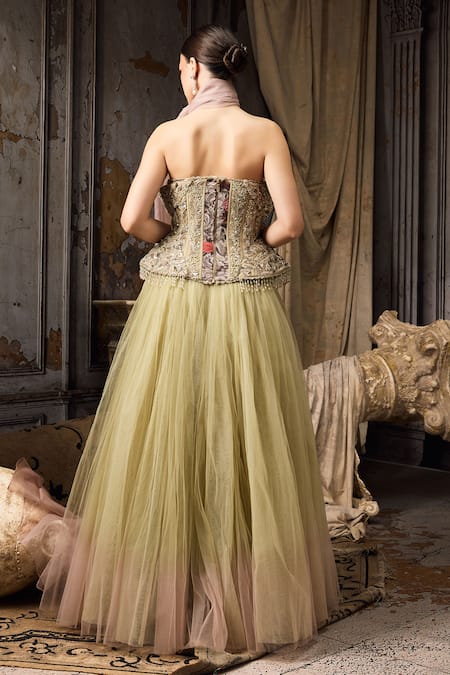 Rocky Star Embellished Corset Blouse & Ombre Tulle Lehenga Set 