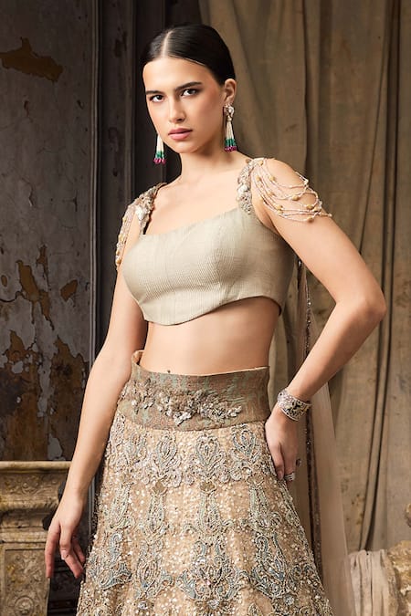 Rocky Star_Green Net Embroidery, Sequins, Beads, Stones Square Neck Hand Lehenga Set _Online_at_Aza_Fashions