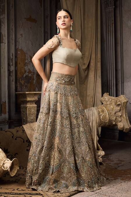 Buy_Rocky Star_Green Net Embroidery, Sequins, Beads, Stones Square Neck Hand Lehenga Set _Online_at_Aza_Fashions
