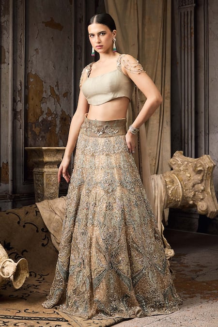 Shop_Rocky Star_Green Net Embroidery, Sequins, Beads, Stones Square Neck Hand Lehenga Set _Online_at_Aza_Fashions