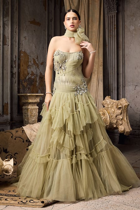 Rocky Star Hand Embroidered Tiered Gown With Scarf 