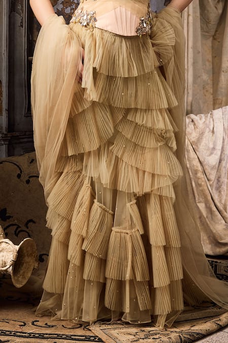 Buy_Rocky Star_Pink Net Stones, Sequins Sweetheart Hand Embroidered Corset Blouse With Lehenga _Online_at_Aza_Fashions