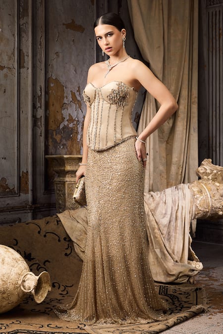 Buy_Rocky Star_Beige Velvet, Net Metallic Thread, Sequins Hand Embroidered Corset And Skirt Set _Online_at_Aza_Fashions
