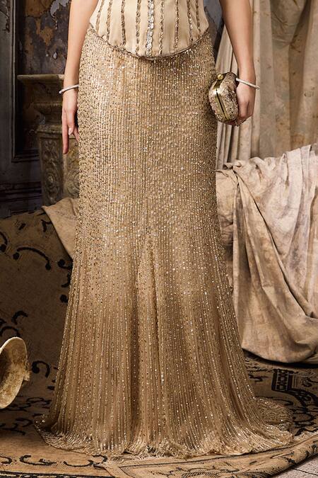 Shop_Rocky Star_Beige Velvet, Net Metallic Thread, Sequins Hand Embroidered Corset And Skirt Set _Online_at_Aza_Fashions