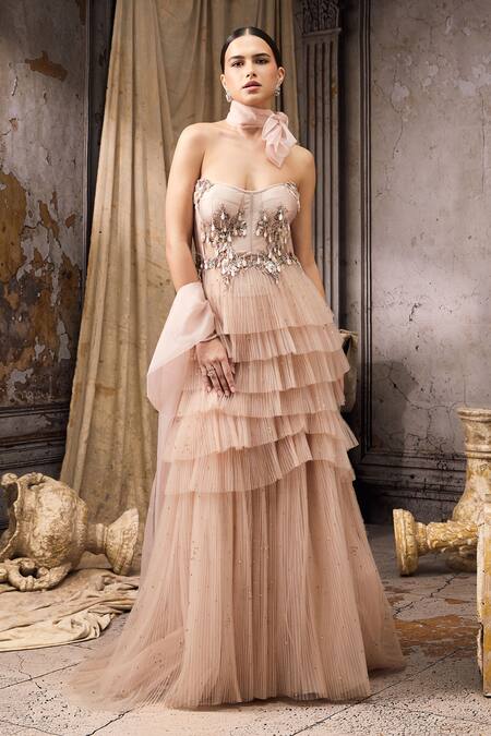 Rocky Star_Pink Net Ruffles, Metallic Thread Hand Embroidered Embellished Tulle Gown _Online_at_Aza_Fashions