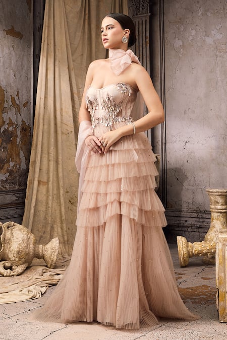 Buy_Rocky Star_Pink Net Ruffles, Metallic Thread Hand Embroidered Embellished Tulle Gown _Online_at_Aza_Fashions