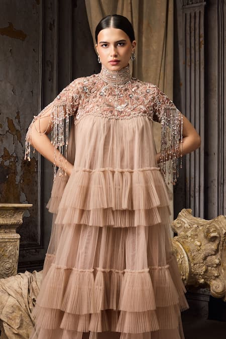 Rocky Star_Pink Net Beads, Fringe, Embroidery High Neck Hand Gown _Online_at_Aza_Fashions